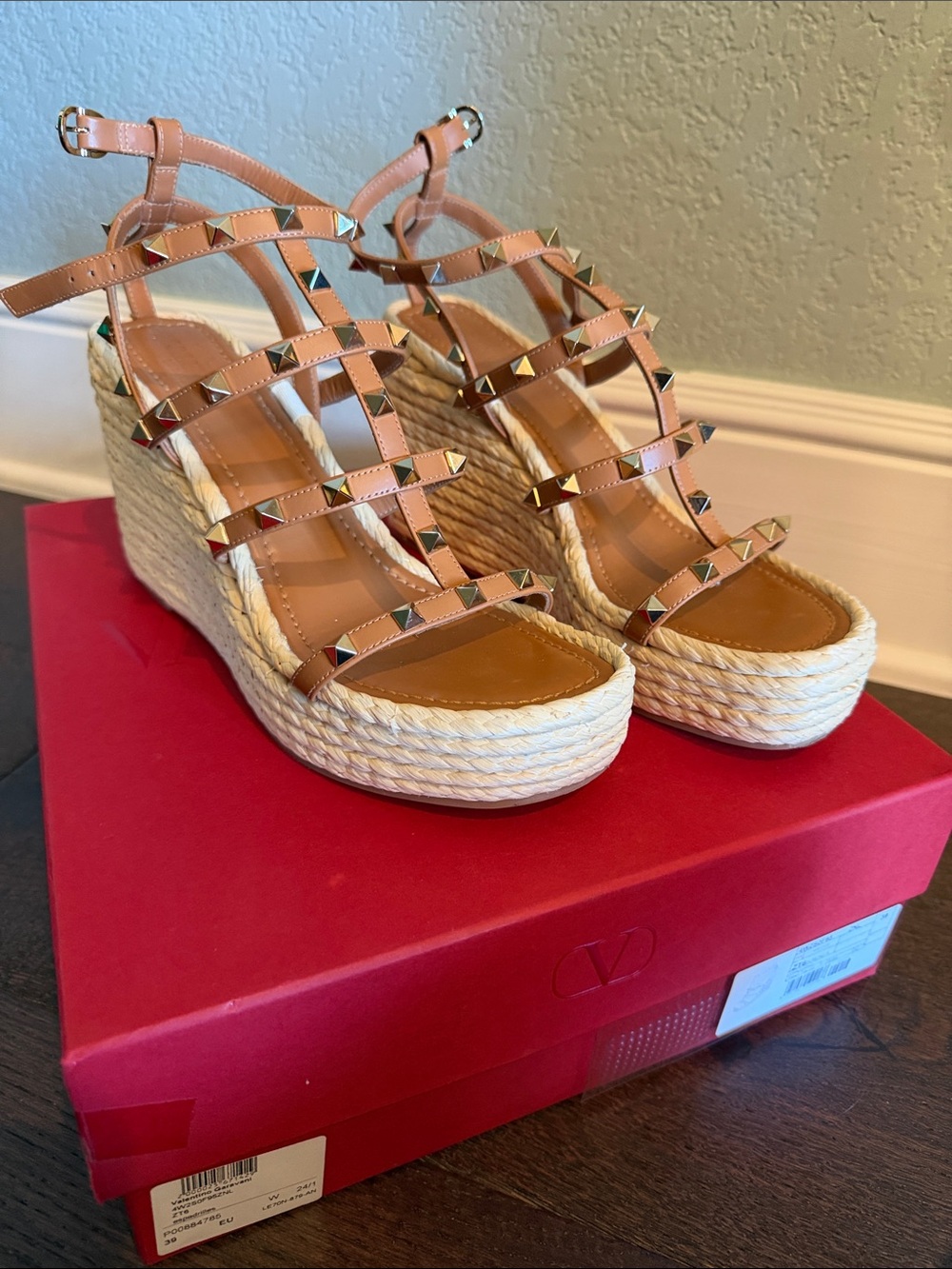 Valentino Garavani Rockstud Espadrille Wedge Sandals in Almond